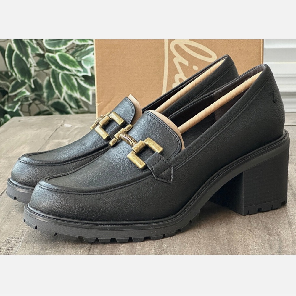 Clarks Black Leather Block Heel Loafers with Gold Accent - Picture 1 of 6